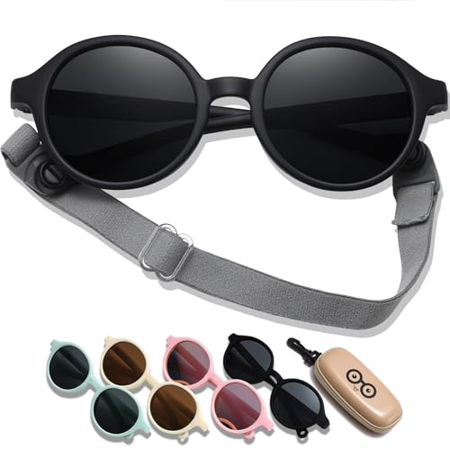 D Lolylad Gafas de sol para bebés de 0 a 36 meses, polarizadas para niños, protección UV400 con correa, ajustables, para niñas y niños pequeños (marco negro/gris)