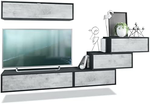 Vladon Wall Unit Lana V1 Entertainment Center of 5 hanging elements with 12 shelves, carcass in Black matt, fronts in Grey High Gloss