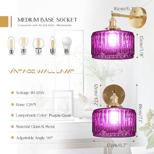 Image of Globe Glass Wall Sconce Purple Antique Vanity Light Striped Shade | Modern Vintage Decor Wall Light 6.7 inch Glass Shade Hardwired 1 Light E26 Base,Gold Brass Finish,Mirror,Living Bedroom,Hallway