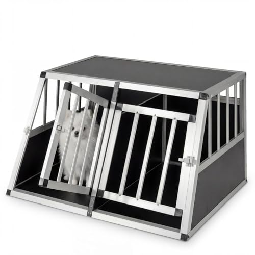 GYMAX Trasportino per Cani Auto, Gabbia per Cani in Lega di Alluminio Con 2 Divisori Rimovibili e Doppie Porte con Serratura, Angolo Apertura di 100°, per Viaggio Veterinario 89 x 69 x 50,5 cm