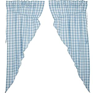 VHC Brands Annie Blue Buffalo Check Farmhouse Prairie Short Panel Curtain Set 63x36x19