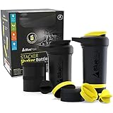 BluePeak Stacker Protein Shaker Bottle 22-Ounce, 2-Pack ProStak. Attachable Storage Containers (100 & 150cc) and Pill Tray Included. BPA Free (Black &Yellow)