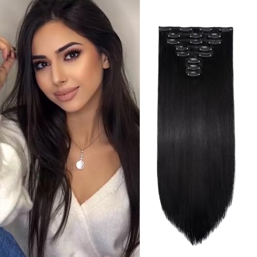 Gairyan Extensiones de Clip de Pelo Natural Liso 8 Piezas 65cm Clip in Hair Extensiones de Cabello con Clips Sintético Extensión de Cabello Lacio para Mujeres   Negro