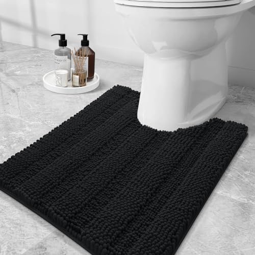 Grandaily Chenille Striped Toilet Rugs U-Shaped 24x20, Extra Soft and Absorbent Bathroom Rugs, Non-Slip Plush Shaggy Bath Rug, Machine Washable Contour Bath Mats for Toilet Base, Black