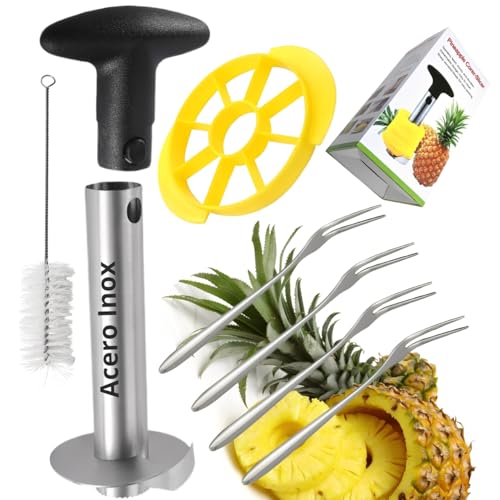 Pelador de Piña - Cortador de Piña - Descorazonador de Piña natural de Acero Inoxidable, Pelapiña, Cortapiñas- Pelar Piña [Incluye Accesorios: Troceador, 4 Tenedores y Cepillo de Limpieza ]