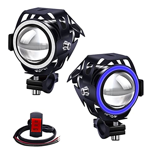Biqing U7 Lot de 2 phares additionnels pour moto antibrouillard LED imperméables avec interrupteur pour motos, vélos, voitures et camions Bleu