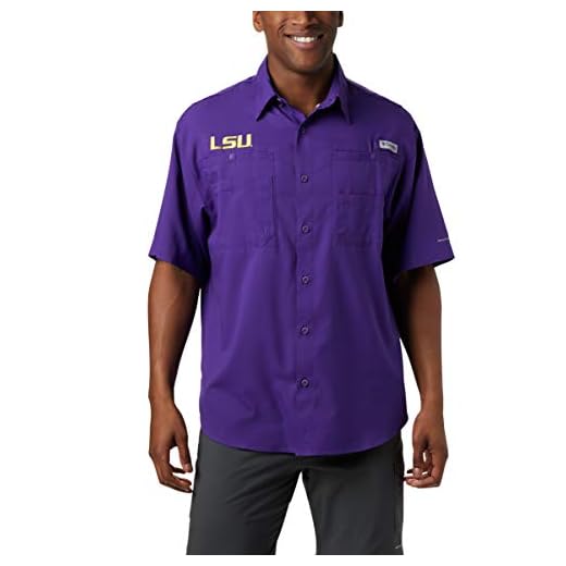 Columbia NCAA LSU Tigers Men's Tamiami Short Sleeve Shirt, X-Large, LSU - Vivid Purple