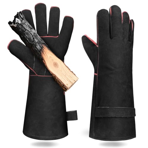 Guantes de cuero negro resistentes al calor Mellbree para estufas multicombustible robustas