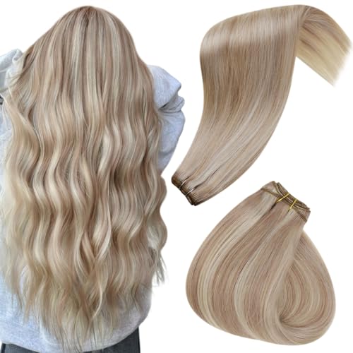 Hetto Weft Hair Extensions Real Human Hair Ash Blonde Highlights Light Blonde 18 Inch 100g