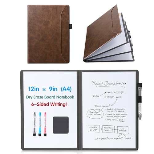 CoBak 6 Sides Portable White Board 12x9 inch (A4) - Notebook Design Dry Erase Small Board with Pocket and 3 Markers, Anti-Ghosting Surface for Office, School, Homeschool with Gift Box (Brown)