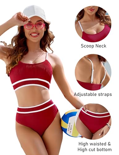 Image of BMJL Women's High Waisted Bikini Ribbed Two Piece Swimsuit High Cut Color Block Adjustable Straps Bathing Suit