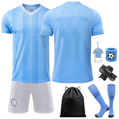 Winric Juego de 7 piezas de camiseta de fútbol para niños, número 9, con camiseta, pantalones cortos, calcetines y espinilleras, conjunto de entrenamiento de fútbol para niños (24)
