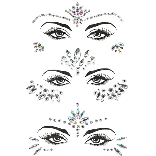 Face Gems Stickers, 3 Piezas Gemas Brillo Temporales Pegatinas para Festival, Cara de Gemas Pegatinas para Festival, Ojos, Efecto Glitter, Fiestas, Espectáculos y Maquillaje