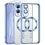 Phoona Cover Placcatura per Samsung Galaxy S25 Edge 6,7", Obiettivo per Fotocamera Protezione Completa e 2 × vetro temperato, Compatibile con MagSafe Ricarica Wireless, Protezione Militare, Blu