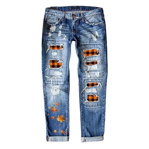 Jean droit femme détresse bleu avec patch carreaux rouge et imprimé érable décontracté