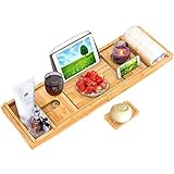 MISSHE Bamboo Bath Caddy Tray for Bathtub, Adjustable Organizer Tray for Bathroom with Free Soap Dish, Suitable for 1 or 2 Person Bath and Bed Tray, Luxury Spa or Reading