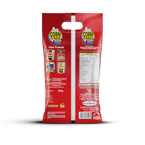 Image of 8AM Corn Flakes 500g, 92% Corn, 99% Fat Free, No Cholesterol, Trans Fat, Artificial Additives, Vitamins B1, B2, B3, B6, B9, Iron, Calcium, Crunchy & Nutritious Cereal