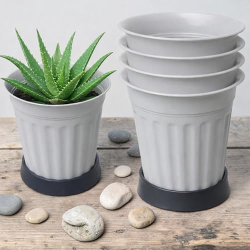 Image of TechHark Gray Plastic Plant Pots with Saucer, Ribbed Style, for Indoor and Outdoor Use, Set of 5
