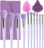 BEAKEY Travel Makeup Brushes, Silky Bristles Makeup Brush Set 12 Count (Pack of 1), Beginner Friendly Everyday Essential with Magic Sponges & Powder Puff(Purple)