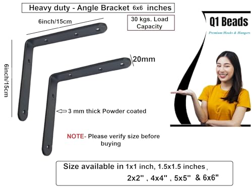 Image of Q1 Beads 2 Pack Metal 6 x 6 inches Heavy Duty 30 Kgs. Load Capacity L Clamp Angle Bracket Floating Bracket for Wall Shelf,Rack, Home,Shop, Showroom (6x6 Inches, Black Powder Coated)