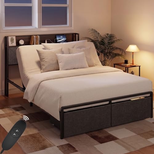 Image of Softa Queen Adjustable Bed Frame with Storage Headboard and Charging Station, Power Head Lift with 2 Footboard Drawers, Upholstered Metal Frame, No Box Spring Needed