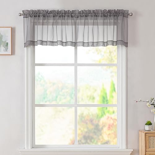 Image of Simplebrand Grey Valances 14 Inches Long for Living Room Pocket 2 Panel Light Filtering Sheer Translucent Valence Toppers for Window Kitchen Bathroom Bedroom 42x14 Inch Length