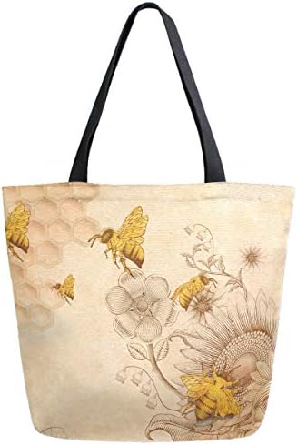 ZzWwR Rural Honey Bees Wildflowers Extra Large Canvas Shoulder Tote Top Handle Bag for Gym Beach Travel Shopping
