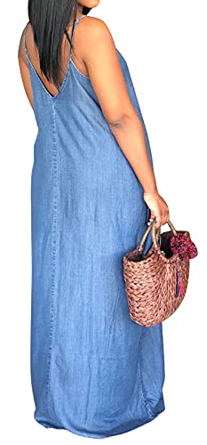Image of SeNight Women's Maxi Denim Dress Spaghetti Strap with Pockets | Maxi Denim Dress Spaghetti Strap Loose Fit Summer Beach Long Dress with Pockets