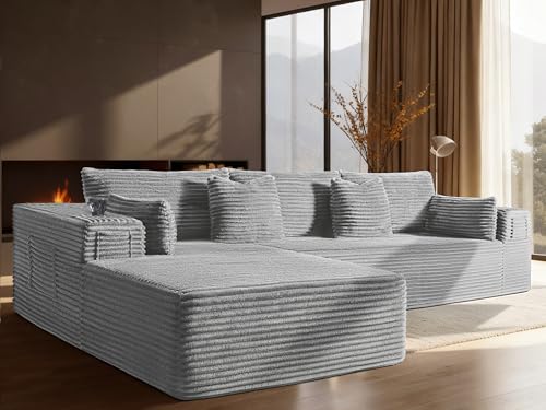 Image of 108 inch Oversized Cloud Sectional Couch, Comfort L Shaped Boneless Couch for Living Room, Extra Deep Seats No Assembly, Minimalist Modular Sofa, Corduroy (Light Grey, 2 Seater+Left Facing Chaise)