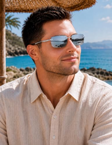 Image of BIRCEN Mens Polarized Sunglasses for Driving: Rimless UV Protection Sun Glasses with Al-Mg Frame for Fishing Traveling Golf