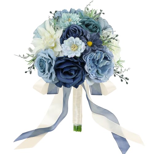 SEMONONIA Wedding Bouquets for Bride Bridesmaid 8.5 Inch Dusty Blue
