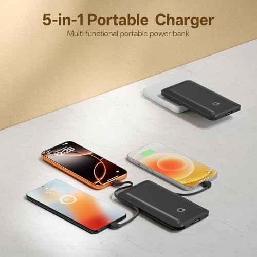 Brand Q Portable Charger with Built-in Cables and AC Wall Plug,Slim USB C Travel Essential Power Bank 10000mAh,External Battery Pack Compatible with iPhone,Samsung,Tablet and All Smart Phones - 1