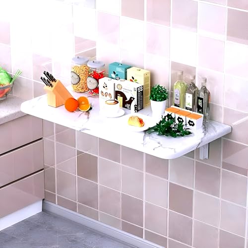 Image of Floating Desk for Home, Office, Study, Kitchen, and Dinner Computer Bar Laundry Room Wall Mounted Folding Table Wall Mounted Folding Desk for Space Saving (ITALIK-White)