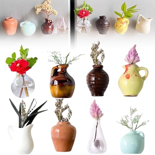 YSHIGUING 8pcs Mini Vase Magnets for Fridge - Cute 3D Ceramic Flower Magnets, Small Plant Vase Decor for Kitchen, Office & Home Fridge Decorations