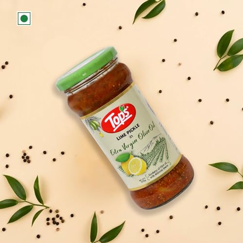 Image of TOPS Olive Oil Lime Pickle - 370 gm Glass Jar | Perfect blend of select seasonal vegetables in extra virgin olive oil and aromatic spices