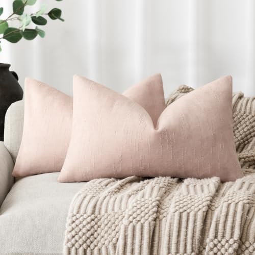 Image of Foindtower Pack of 2 Textured Chenille Throw Decorative Pillow Covers Square Accent Solid Cushion Cover Neutral Farmhouse Lumbar Pillow Case for Couch Sofa Bedroom Living Room 12x20 Inch,Peach Pink