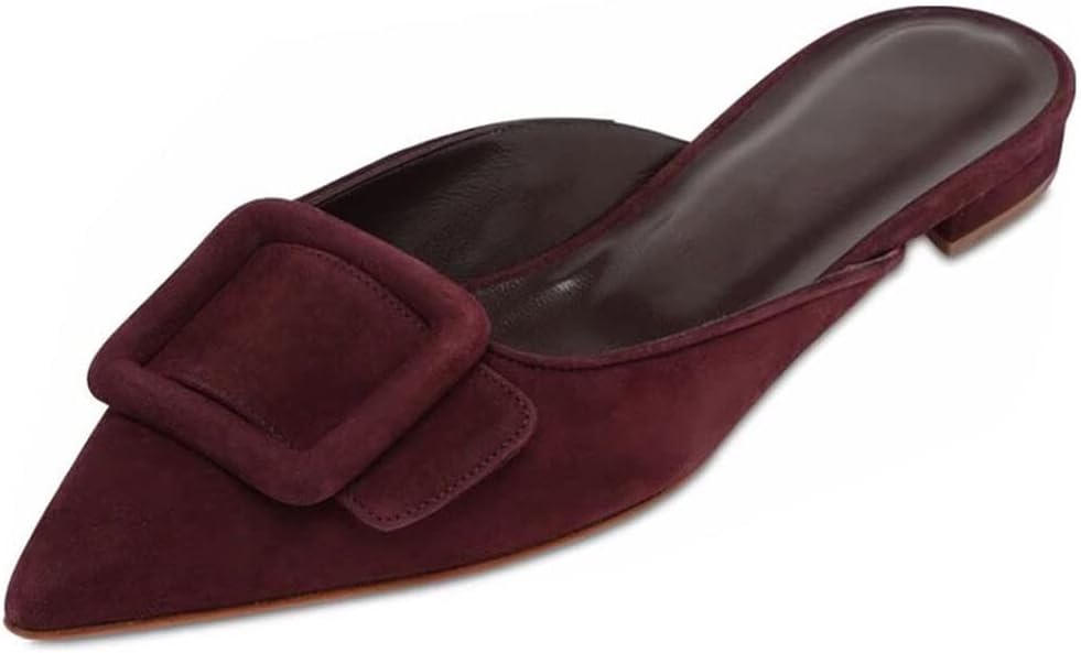 Mules for Women, Buckle Flat Mules Pointed Toe Backless Mule Slides Suede Slip On Loafers