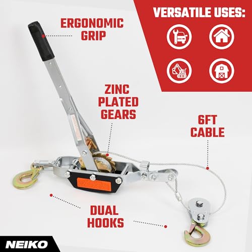 Image of NEIKO 02253A Come Along Winch, 3-Ton (6,000 Lbs) Pulling Capacity, 9.8Ft, 2 Hook, Heavy Duty Power Cable Come Along Tool with Dual Gears, Hand Winch Cable, Automotive Hoist Winch Puller, Recovery Gear