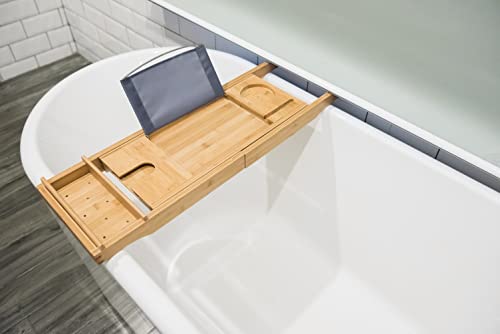 Willocroft Bamboo Bathtub Tray – Expandable Bath Tray With Stand For Book & Tablet – Bathtub Caddy With Holder For Mobile & Wine Glass – Bath Tray With Leather Handles For Luxury Spa, Hotel & Home #TOP7