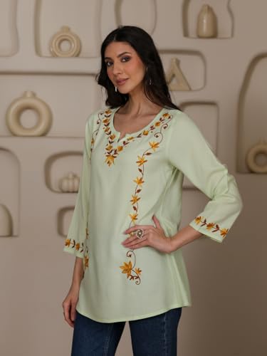 Image of QAZMI Women Kashmiri Aari Embroidered A-Line Viscose Rayon Short Kurti with Full Sleeves