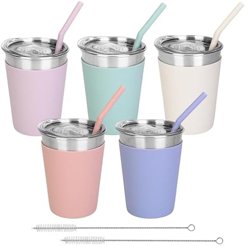 IBEIYO 5 Pack Kids Cups with Straws and Lids Water Spill Proof Toddlers Mugs with Colorful Silicone Sleeves Stainless Steel Cups Tumblers for Cold & Hot Drinks for Children and Adults （12oz) (5 Color) Cover