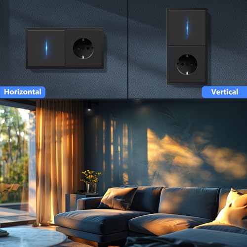 BSEED Lichtschalter mit Steckdose mit Steckklemme,1 Fach 2 Weg Wechselschalter mit LED Kontrollleuchte,Wandschalter mit PC Rahmen,Unterputz Schalter mit Steckdosen Schwarz - 150X80mm