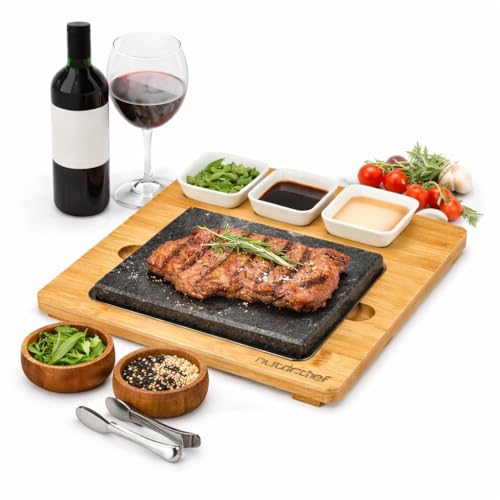 NutriChef Heißer Stein Grillplatte – Tischgrill-Set mit Bambus...