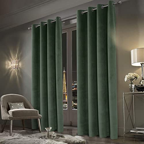 always4u Super Soft Velvet Curtains Sage Green 100% Blackout Curtains 66x90 Inches Eyelet Thermal Insulated Fully Lined Window Treatment for Living Room 1 Pair