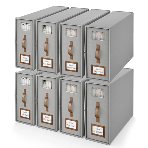 BigPonPon 8 Pack Bed Sheets Organizers And Storage,Sheets Set Folder Keeper with Handle,Foldable Bedding Storage Box For Linen Closet,Duvet Cover(Cal King Size-5.2 Gal,Gray)