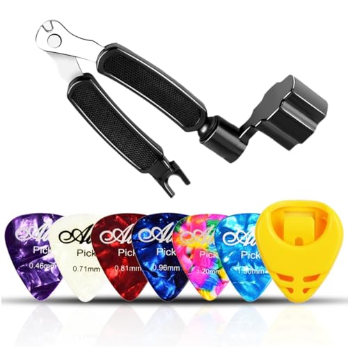 SGERUFZ 1 Pcs Kit de Herramientas para Guitarra Enrollador de Cuerdas Manivela Ajustadora Cortadora de Cuerdas Extractor de Pines 3 en 1 Multifuncional Con 6 púas de guitarra