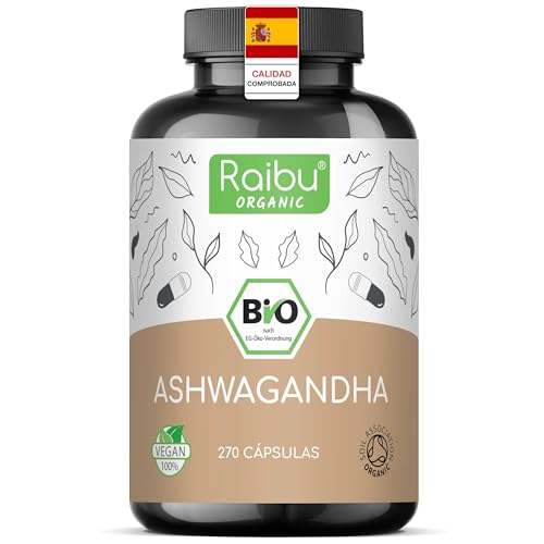 Raibu Ashwagandha Cápsulas BIO (270 cápsulas - 2400 mg Dosis Diaria) Ashwagandha Polvo de Raíz I Ecológica Dosis Alta, Primera Calidad, sin Aditivos, Envasado en Europa