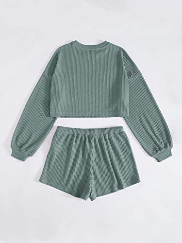 Verdusa Women's Rib Knit Long Sleeve Lounge Set 2 Piece Pj Set Nightwear Pajama Set Green M #TOP1