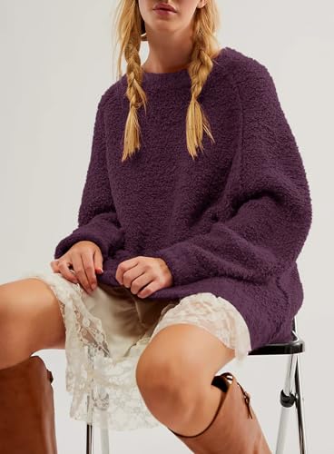 Image of Beaully Women's Oversized Crewneck Sweaters | Oversized style, Tunic sweater, Fuzzy knit, Soft knit, Loose fit, Drop shoulder