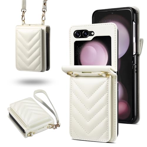 Coque Galaxy Z Flip 5 en cuir blanc à rabat portefeuille haut de gamme